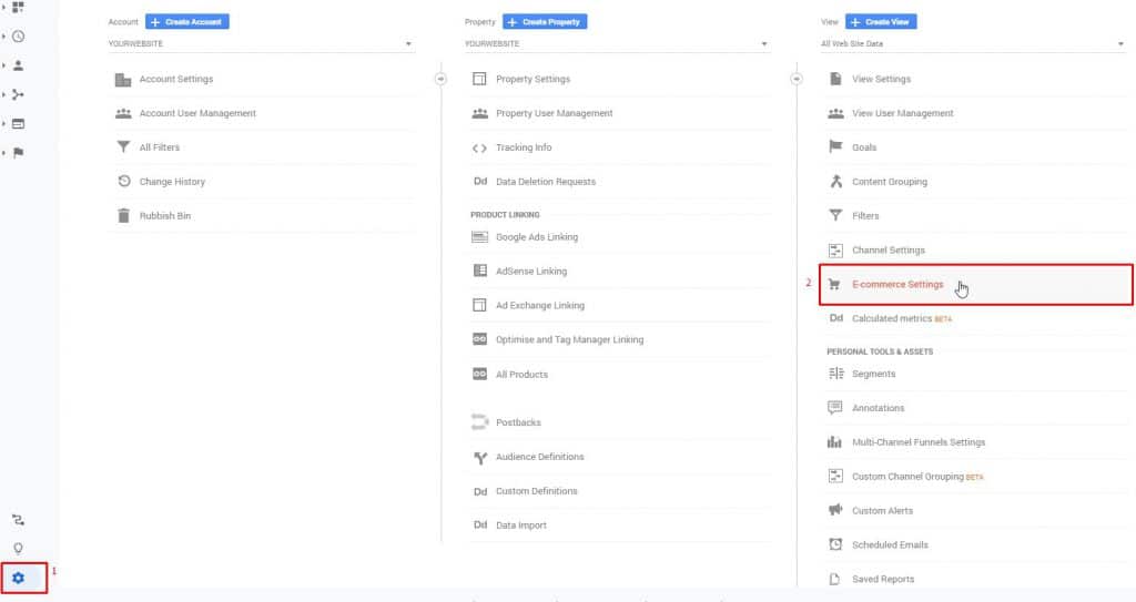Where to find E-commerce settings in Google Analytics
