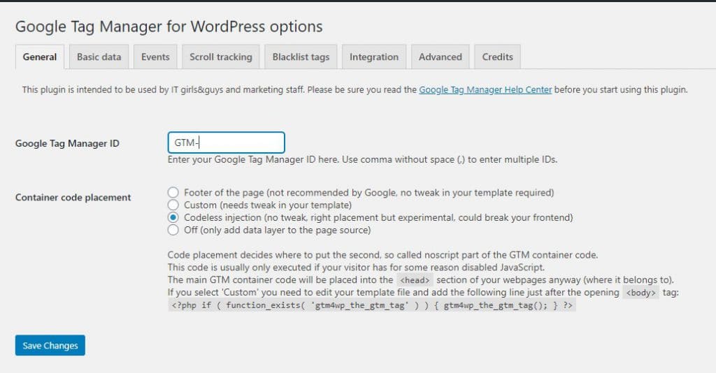 Google Tag Manager For WordPress Options - ID