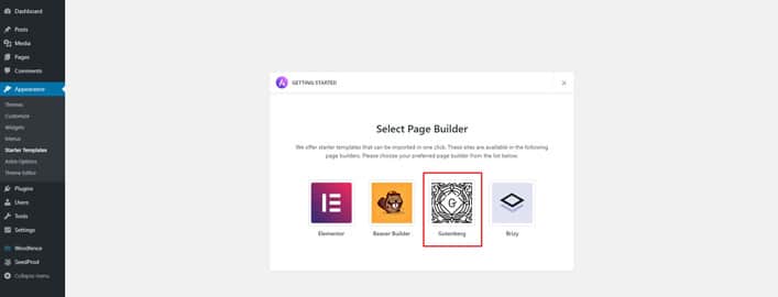 Astra Starter Templates Page Builder Selection