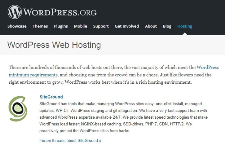 Wordpress Officially Recommends Siteground Hosting